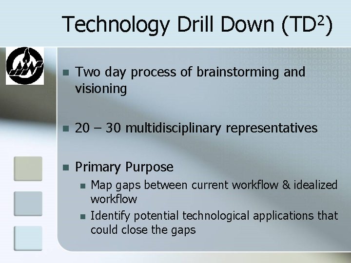 Technology Drill Down (TD 2) n Two day process of brainstorming and visioning n
