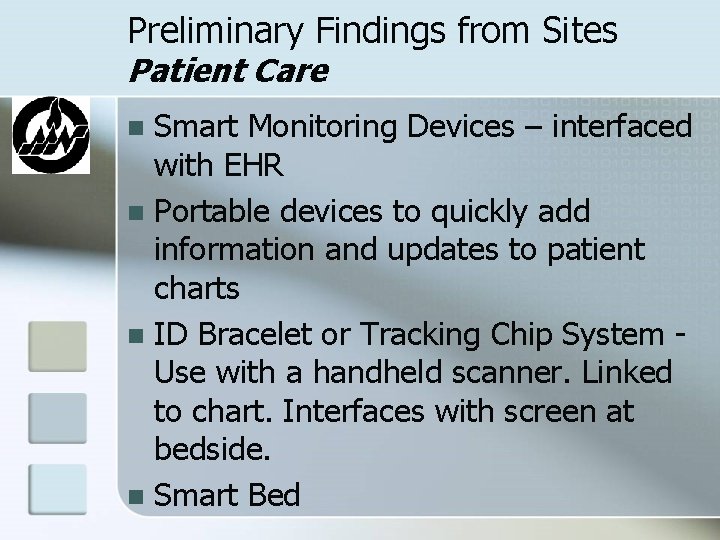 Preliminary Findings from Sites Patient Care Smart Monitoring Devices – interfaced with EHR n