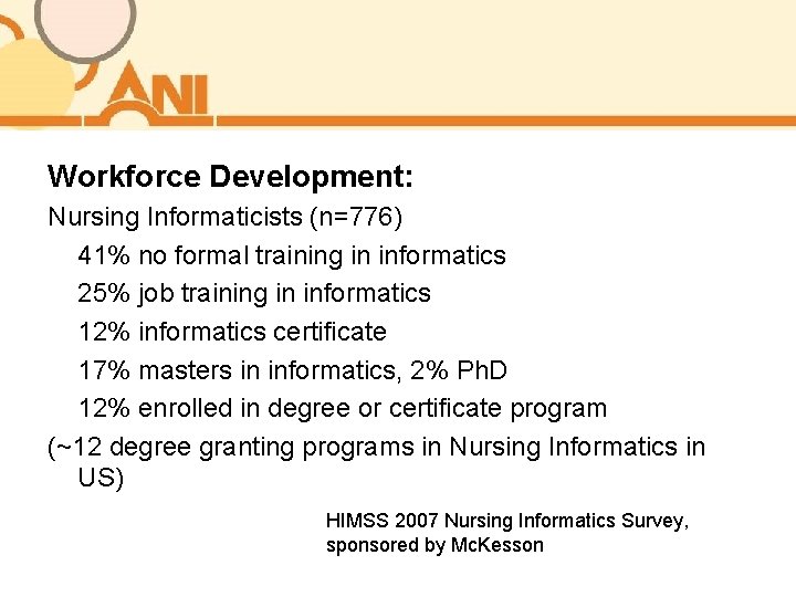 Workforce Development: Nursing Informaticists (n=776) 41% no formal training in informatics 25% job training