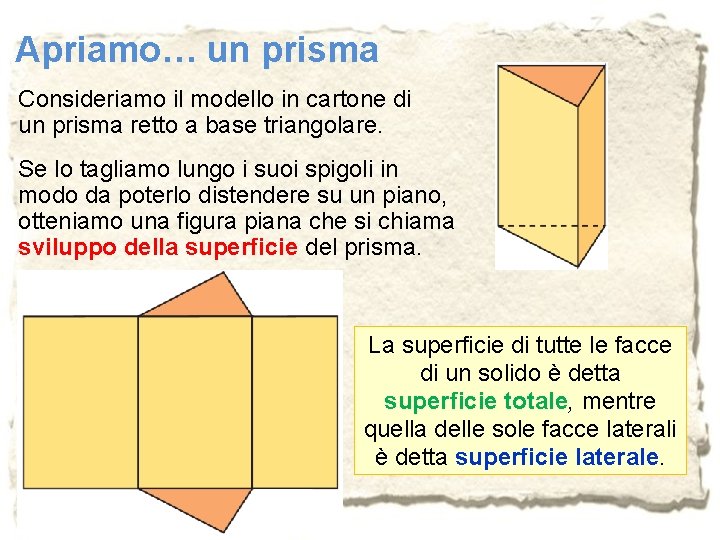 Apriamo… un prisma Consideriamo il modello in cartone di un prisma retto a base