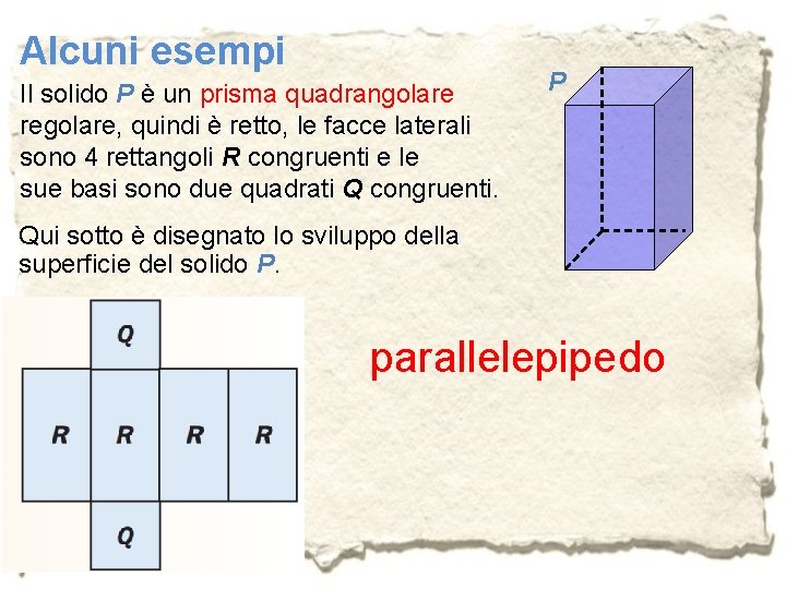 Alcuni esempi Il solido P è un prisma quadrangolare regolare, quindi è retto, le