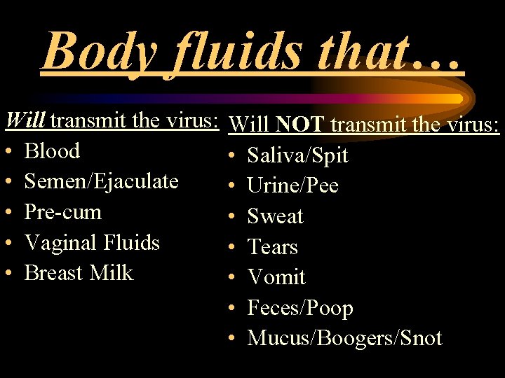 Body fluids that… Will transmit the virus: • Blood • Semen/Ejaculate • Pre-cum •