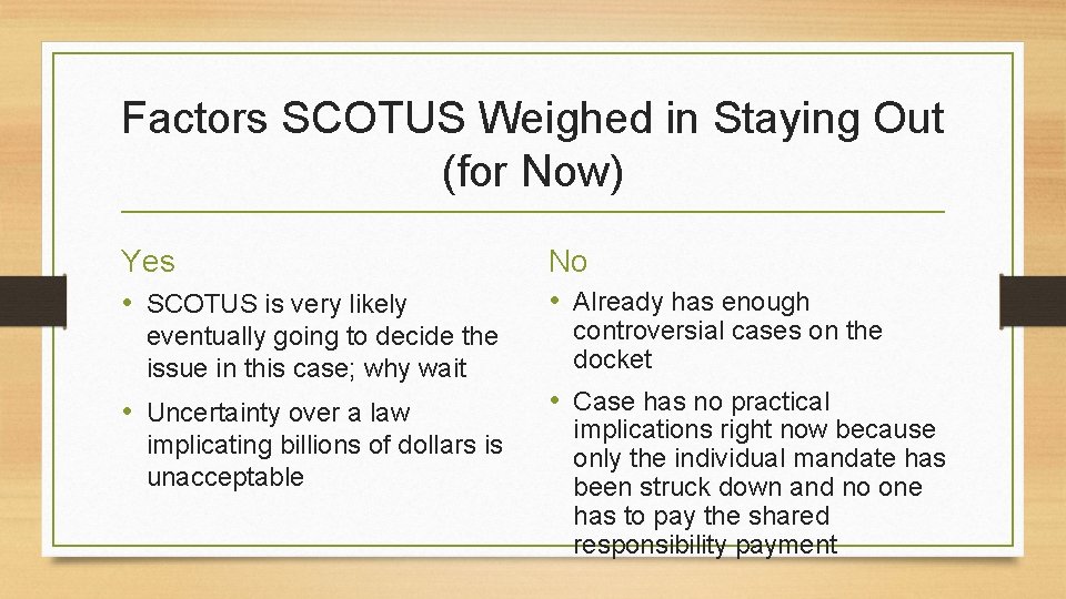 Factors SCOTUS Weighed in Staying Out (for Now) Yes • SCOTUS is very likely