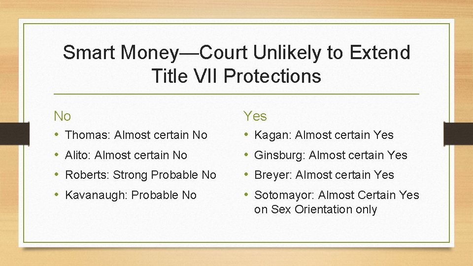 Smart Money—Court Unlikely to Extend Title VII Protections No • Thomas: Almost certain No