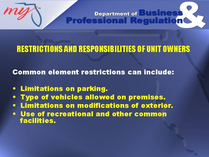 RESTRICTIONS AND RESPONSIBILITIES OF UNIT OWNERS Common element restrictions can include: • • Limitations