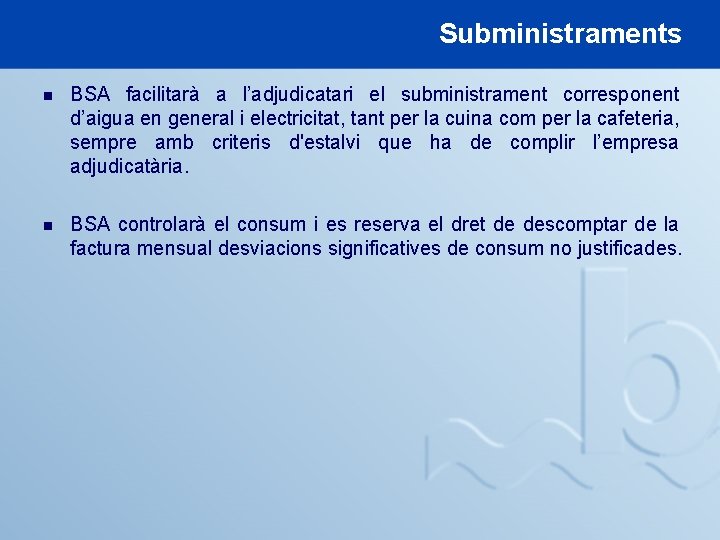 Subministraments n BSA facilitarà a l’adjudicatari el subministrament corresponent d’aigua en general i electricitat,