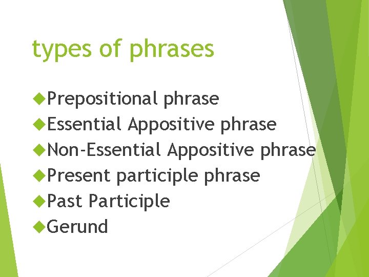 types of phrases Prepositional phrase Essential Appositive phrase Non-Essential Appositive phrase Present participle phrase