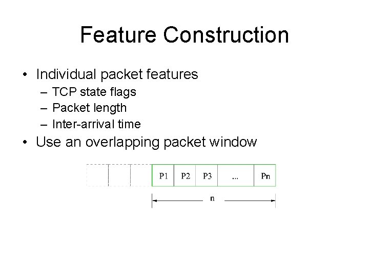 Feature Construction • Individual packet features – TCP state flags – Packet length –