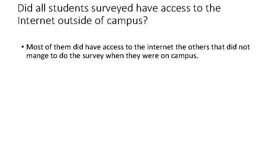 Did all students surveyed have access to the Internet outside of campus? • Most