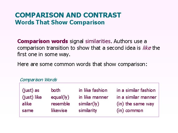 COMPARISON AND CONTRAST Words That Show Comparison words signal similarities. Authors use a comparison