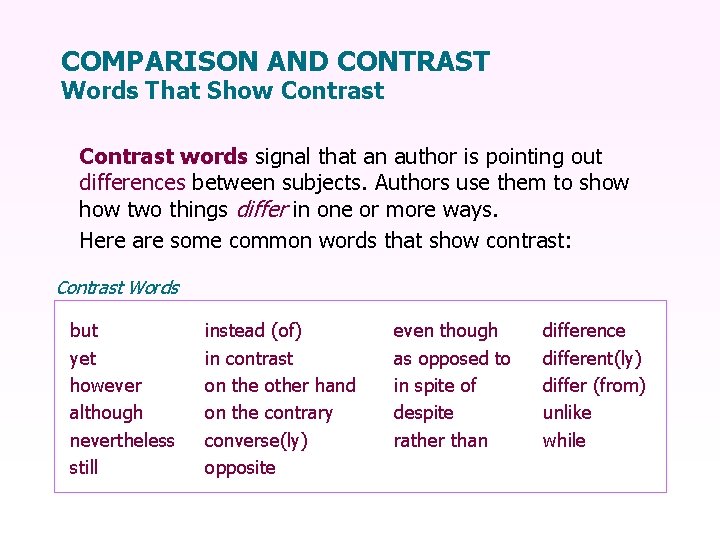 COMPARISON AND CONTRAST Words That Show Contrast words signal that an author is pointing