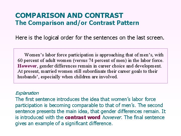 COMPARISON AND CONTRAST The Comparison and/or Contrast Pattern Here is the logical order for