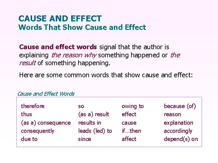 CAUSE AND EFFECT Words That Show Cause and Effect Cause and effect words signal