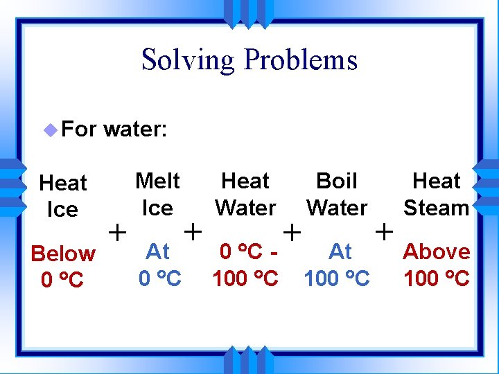 Solving Problems u For Heat Ice Below 0 °C water: + Melt Ice At