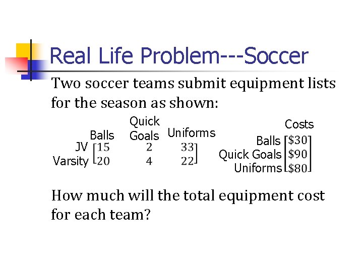 Real Life Problem---Soccer Two soccer teams submit equipment lists for the season as shown: