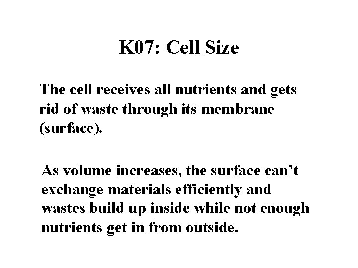 K 07: Cell Size The cell receives all nutrients and gets rid of waste