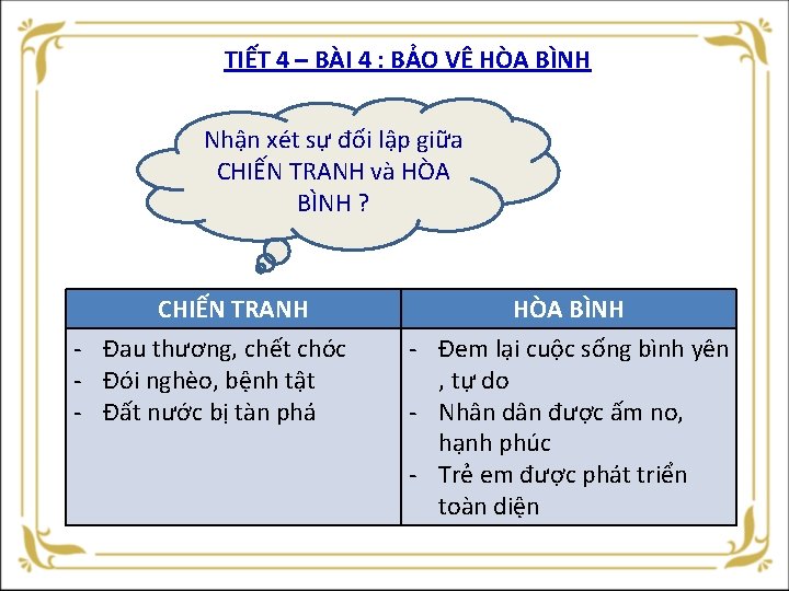 TIẾT 4 – BÀI 4 : BẢO VỆ HÒA BÌNH Nhận xét sự đối