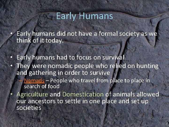 Early Humans • Early humans did not have a formal society as we think