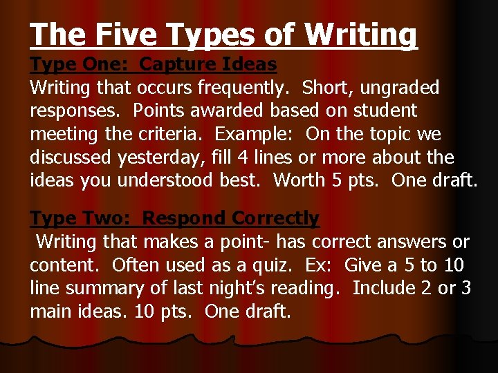 The Five Types of Writing Type One: Capture Ideas Writing that occurs frequently. Short,