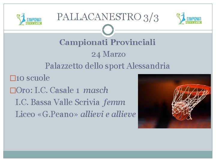 PALLACANESTRO 3/3 Campionati Provinciali 24 Marzo Palazzetto dello sport Alessandria � 10 scuole �Oro: