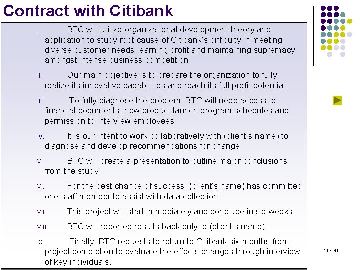 Contract with Citibank I. BTC will utilize organizational development theory and application to study
