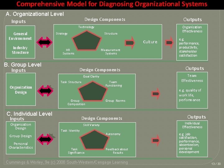 Comprehensive Model for Diagnosing Organizational Systems A. Organizational Level Inputs Outputs Design Components Technology