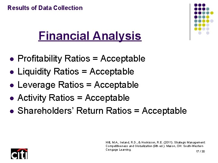 Results of Data Collection Financial Analysis l l l Profitability Ratios = Acceptable Liquidity