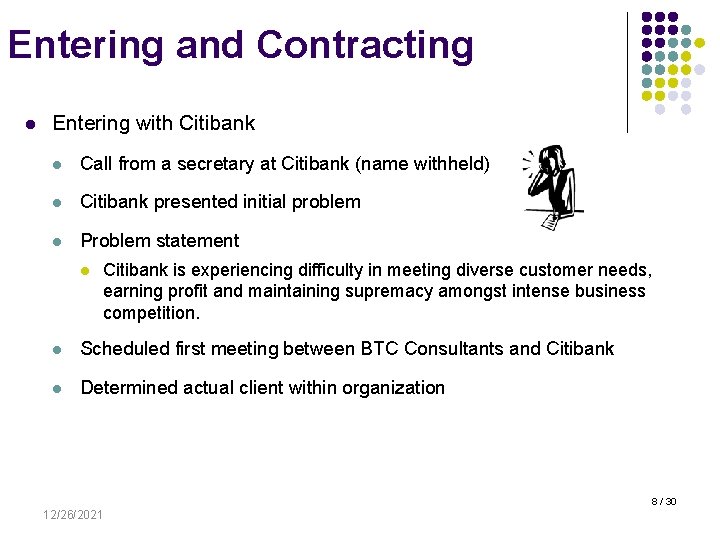 Entering and Contracting l Entering with Citibank l Call from a secretary at Citibank