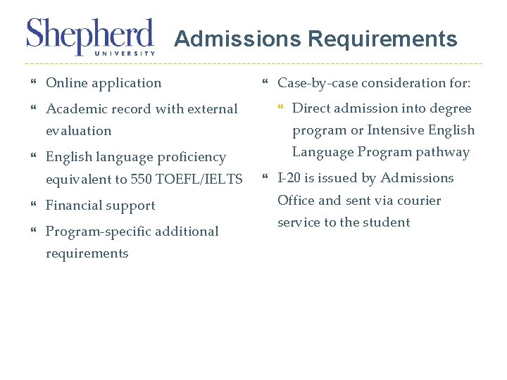 Admissions Requirements Online application Academic record with external Case-by-case consideration for: Direct admission into