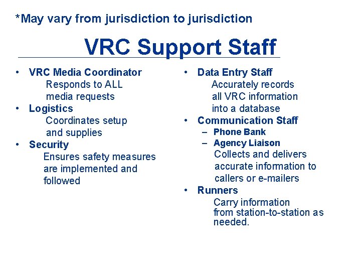 *May vary from jurisdiction to jurisdiction VRC Support Staff • VRC Media Coordinator Responds