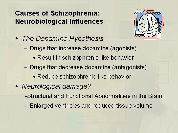 Causes of Schizophrenia: Neurobiological Influences The Dopamine Hypothesis – Drugs that increase dopamine (agonists)