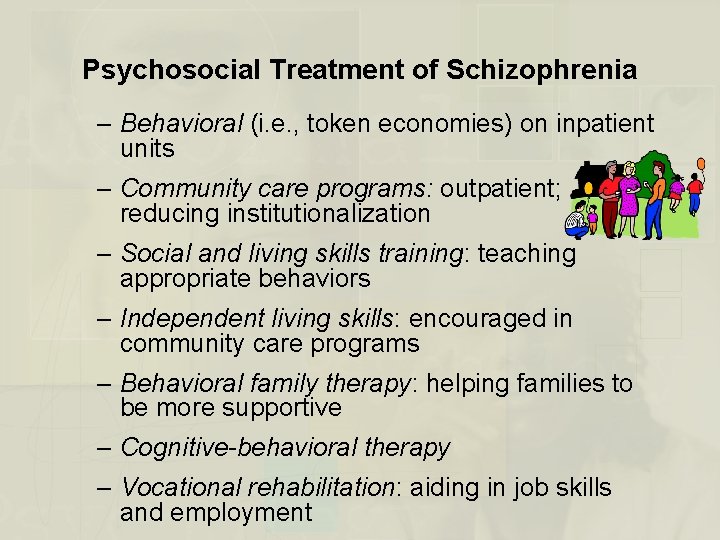 Psychosocial Treatment of Schizophrenia – Behavioral (i. e. , token economies) on inpatient units