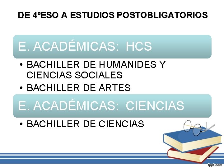 DE 4ºESO A ESTUDIOS POSTOBLIGATORIOS E. ACADÉMICAS: HCS • BACHILLER DE HUMANIDES Y CIENCIAS
