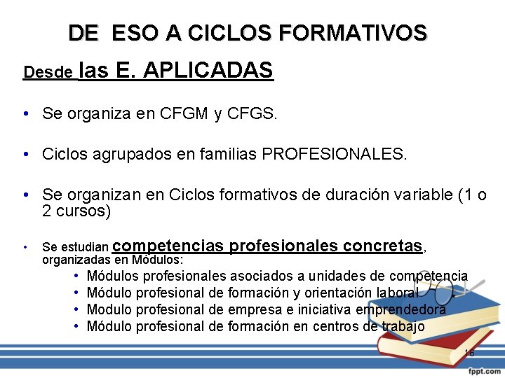 DE ESO A CICLOS FORMATIVOS Desde las E. APLICADAS • Se organiza en CFGM