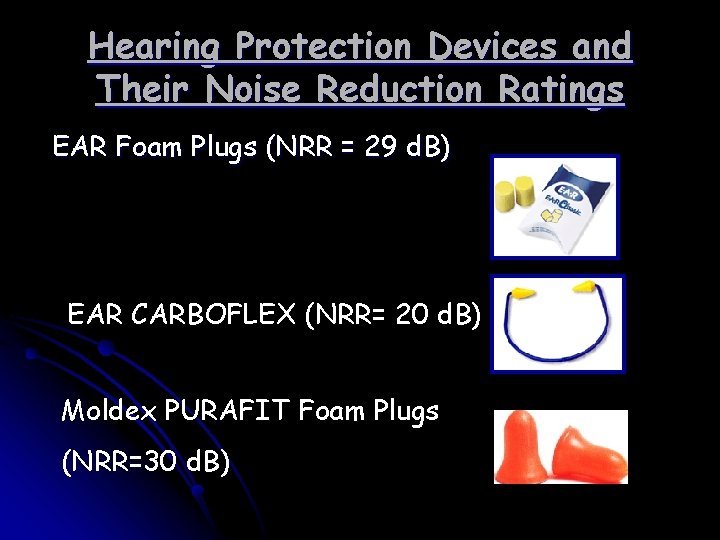 Hearing Protection Devices and Their Noise Reduction Ratings EAR Foam Plugs (NRR = 29