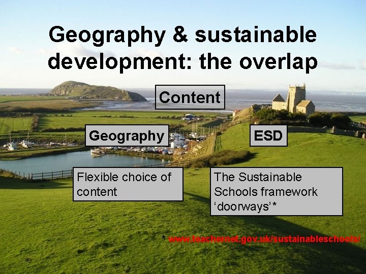 Geography & sustainable development: the overlap Content Geography ESD Flexible choice of content The