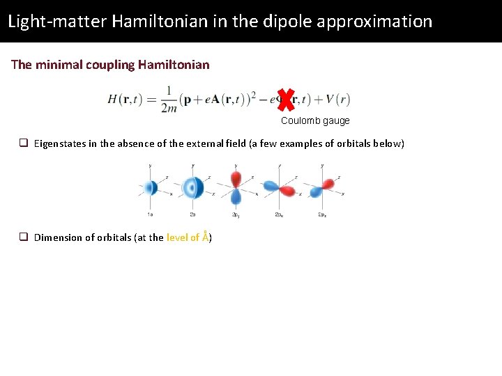 Light-matter Hamiltonian in the dipole approximation The minimal coupling Hamiltonian Coulomb gauge q Eigenstates