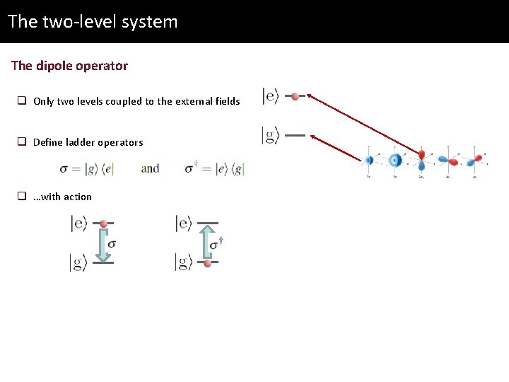 The two-level system The dipole operator q Only two levels coupled to the external