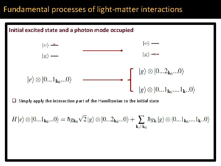 Fundamental processes of light-matter interactions Initial excited state and a photon mode occupied q
