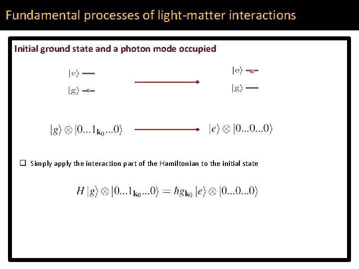 Fundamental processes of light-matter interactions Initial ground state and a photon mode occupied q