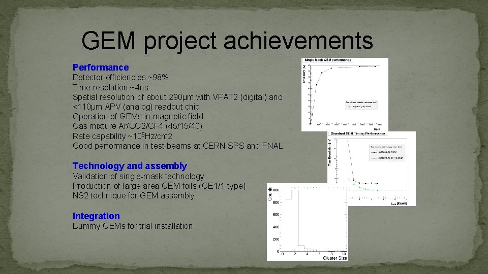 GEM project achievements Performance Detector efficiencies ~98% Time resolution ~4 ns Spatial resolution of