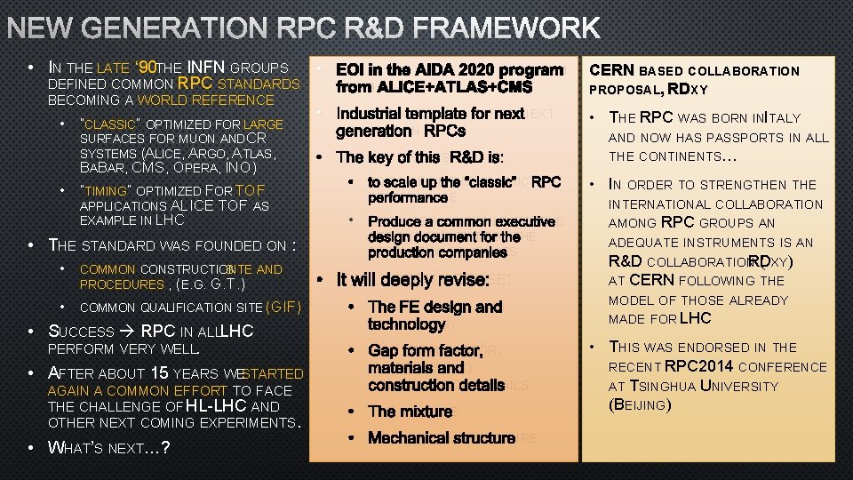 NEW GENERATION RPC R&D FRAMEWORK • IN THE LATE ‘ 90 THE INFN GROUPS