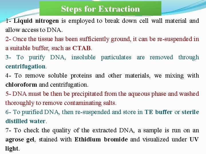 Steps for Extraction 1 - Liquid nitrogen is employed to break down cell wall