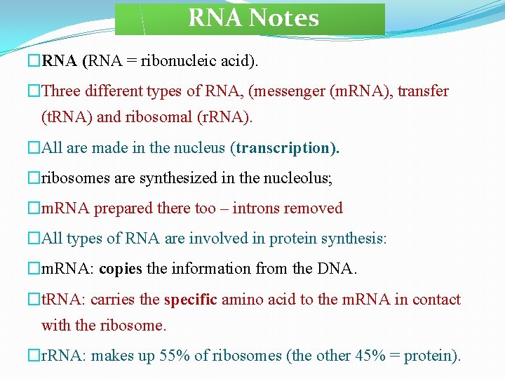 RNA Notes �RNA (RNA = ribonucleic acid). �Three different types of RNA, (messenger (m.