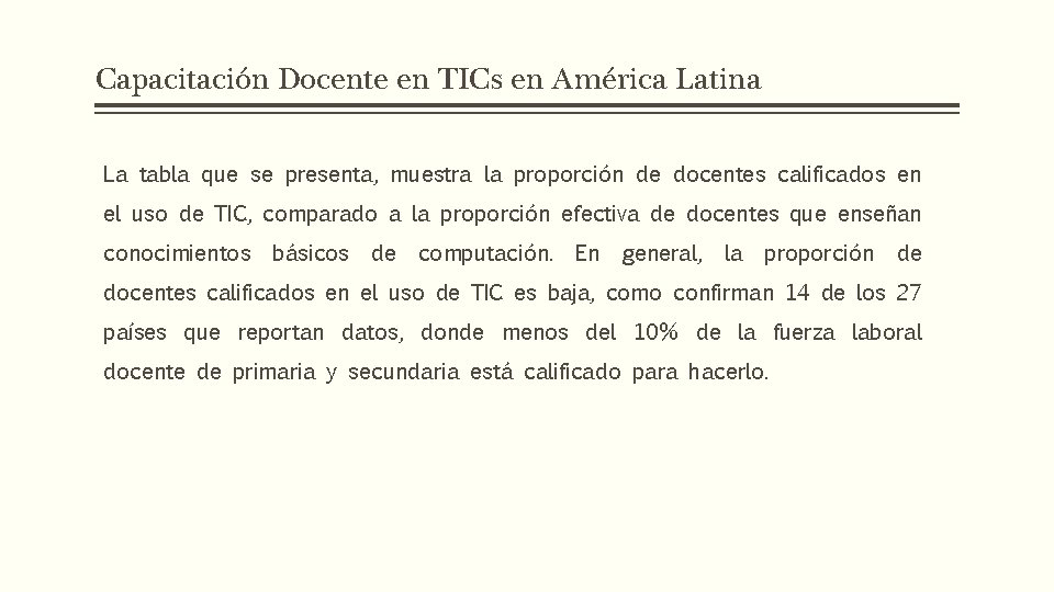 Capacitación Docente en TICs en América Latina La tabla que se presenta, muestra la