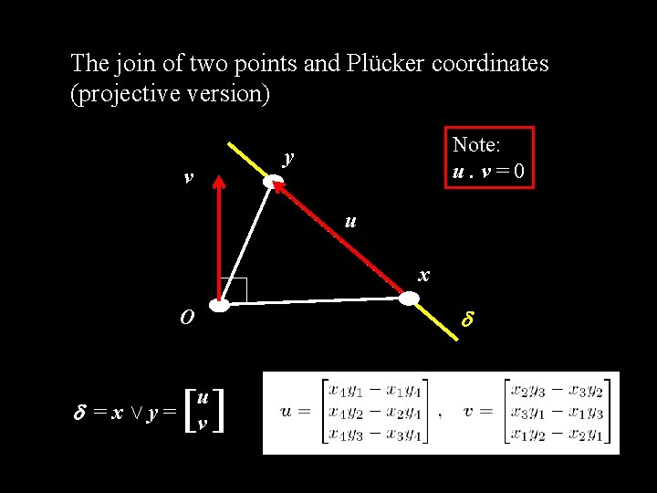 The join of two points and Plücker coordinates (projective version) v Note: u. v=0