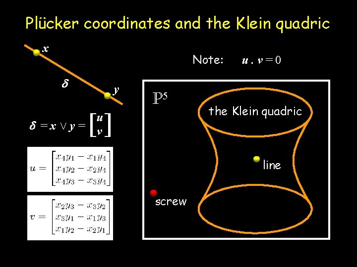 Plücker coordinates and the Klein quadric x Note: y [] P 5 u =xÇy=