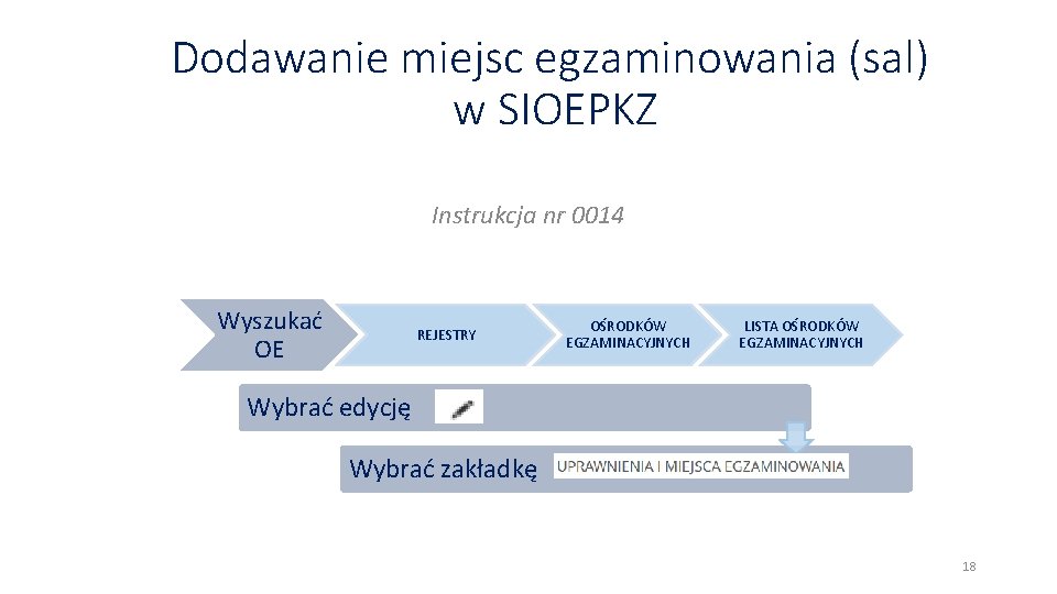 Dodawanie miejsc egzaminowania (sal) w SIOEPKZ Instrukcja nr 0014 Wyszukać OE REJESTRY OŚRODKÓW EGZAMINACYJNYCH