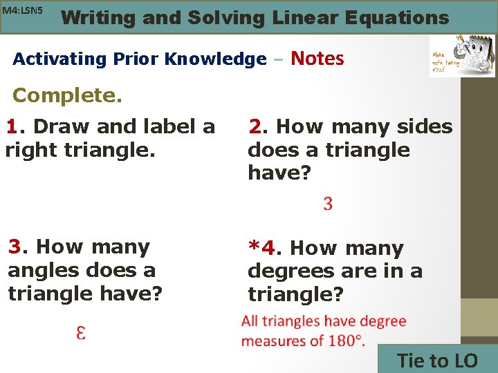 M 4: LSN 5 Writing and Solving Linear Equations Activating Prior Knowledge – Notes