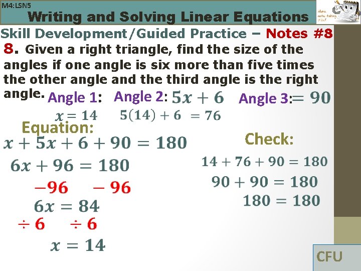 M 4: LSN 5 Writing and Solving Linear Equations Skill Development/Guided Practice – Notes